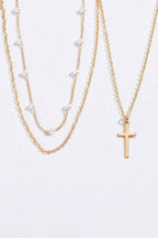 Plated Cross Pendant Pearl Triple Layer Chain Necklace