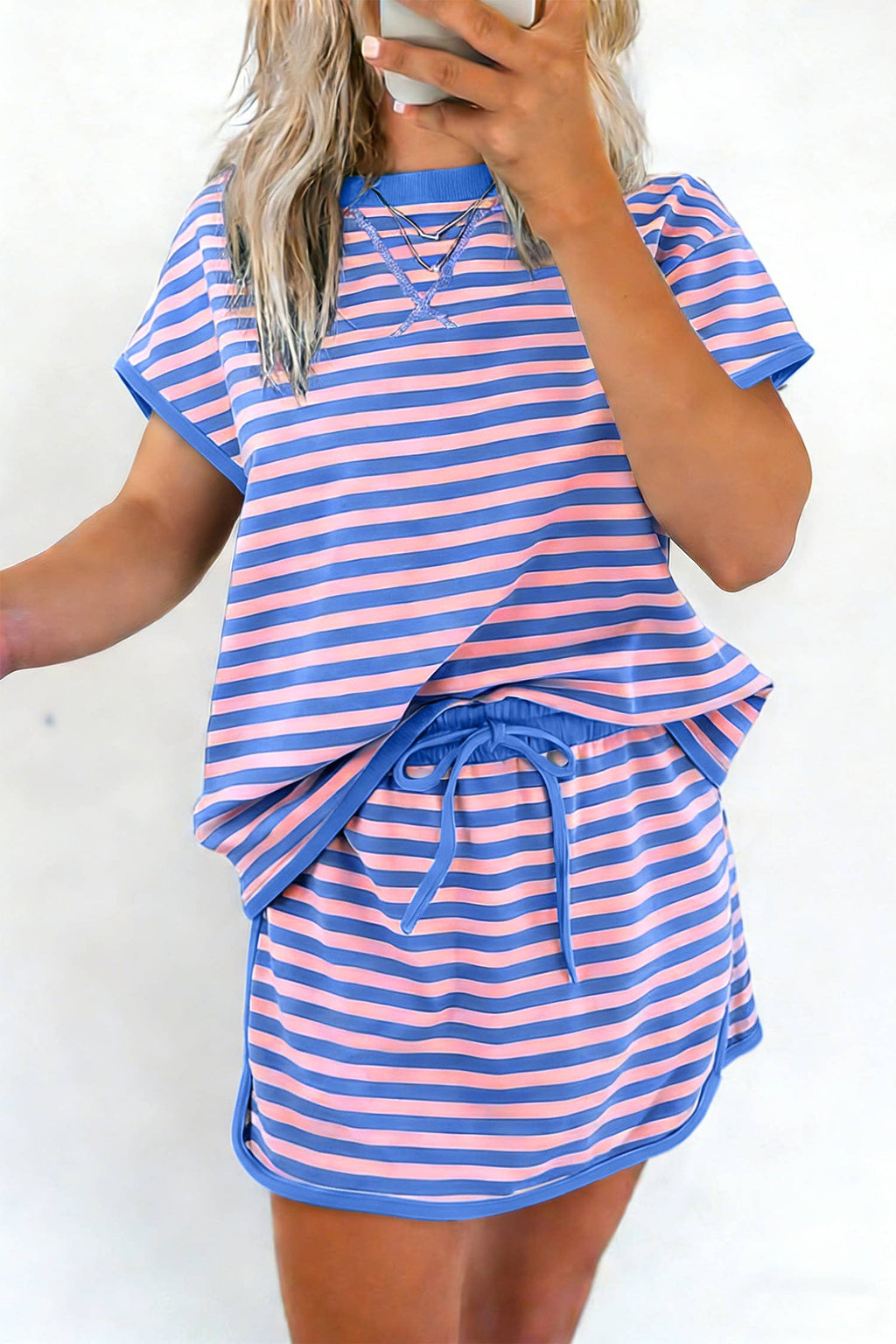 66 Stripe Short Sleeve Top and Skirt Lounge Set
