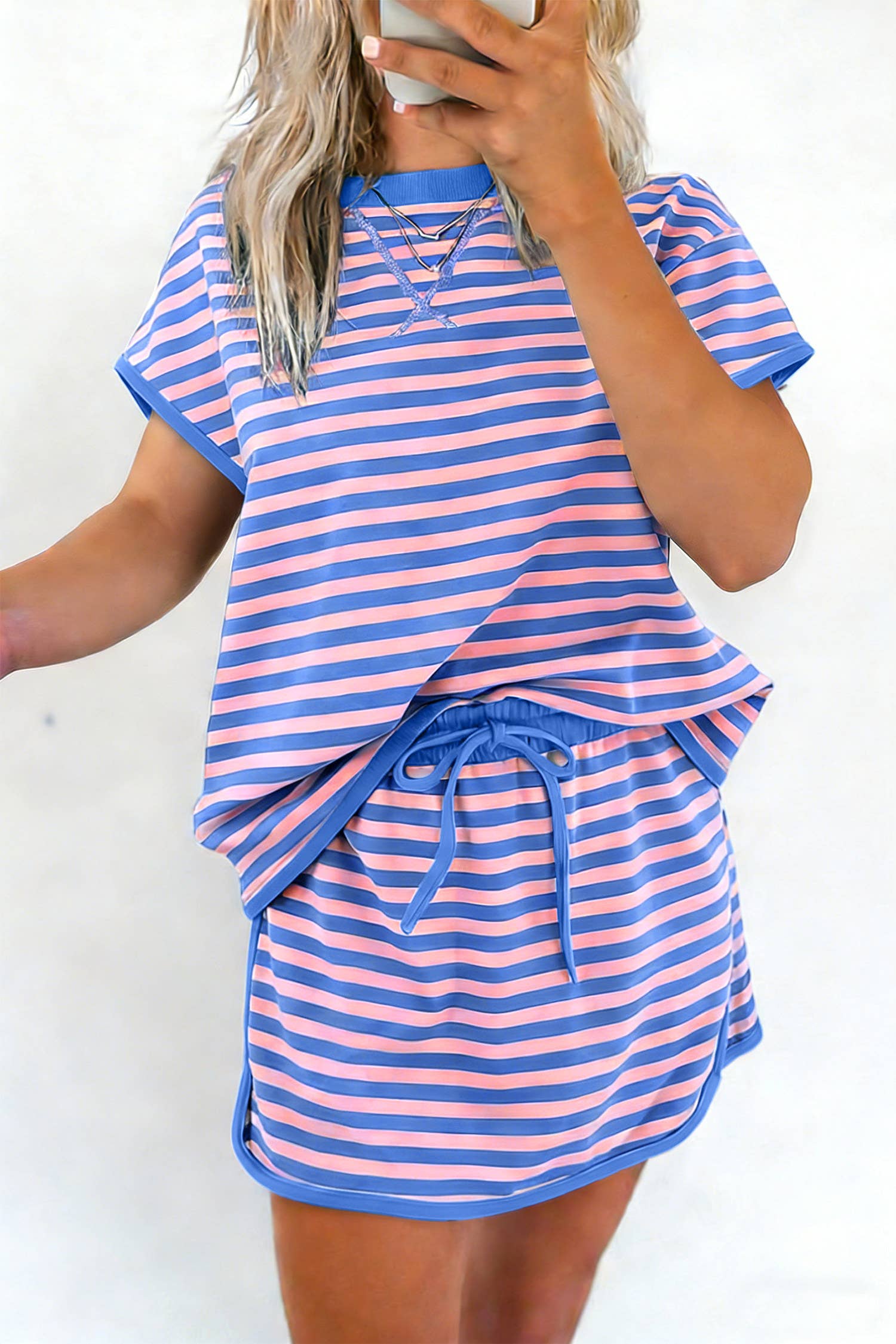 66 Stripe Short Sleeve Top and Skirt Lounge Set