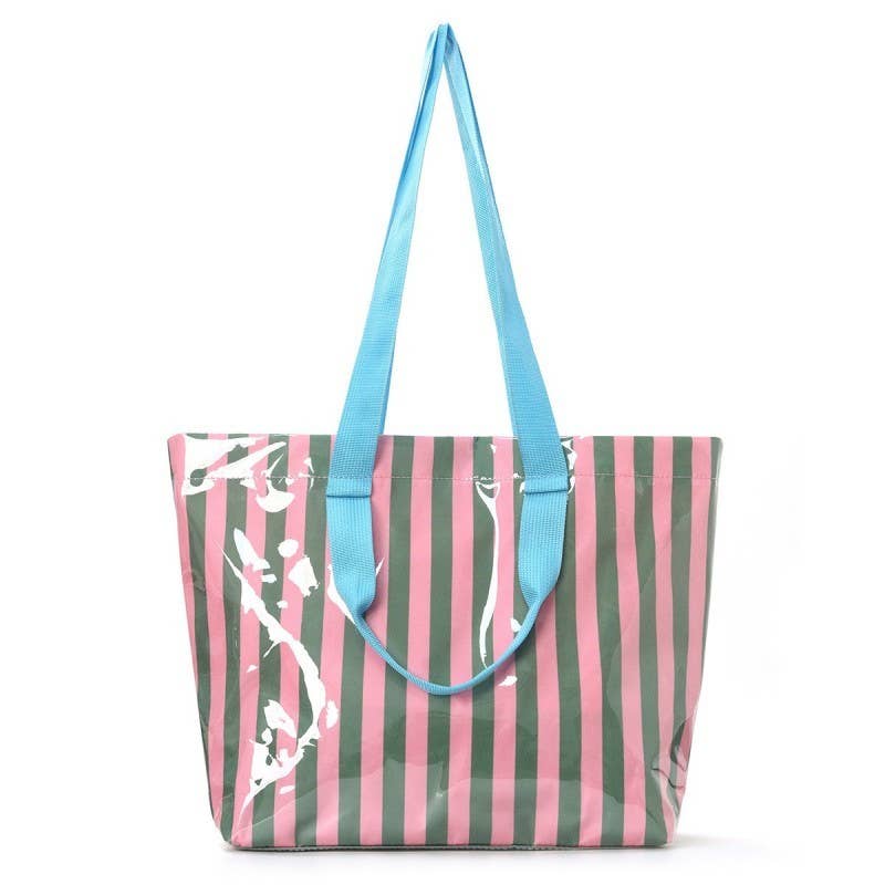 Large Striped Vinyl Tote Bags with Shoulder Strap