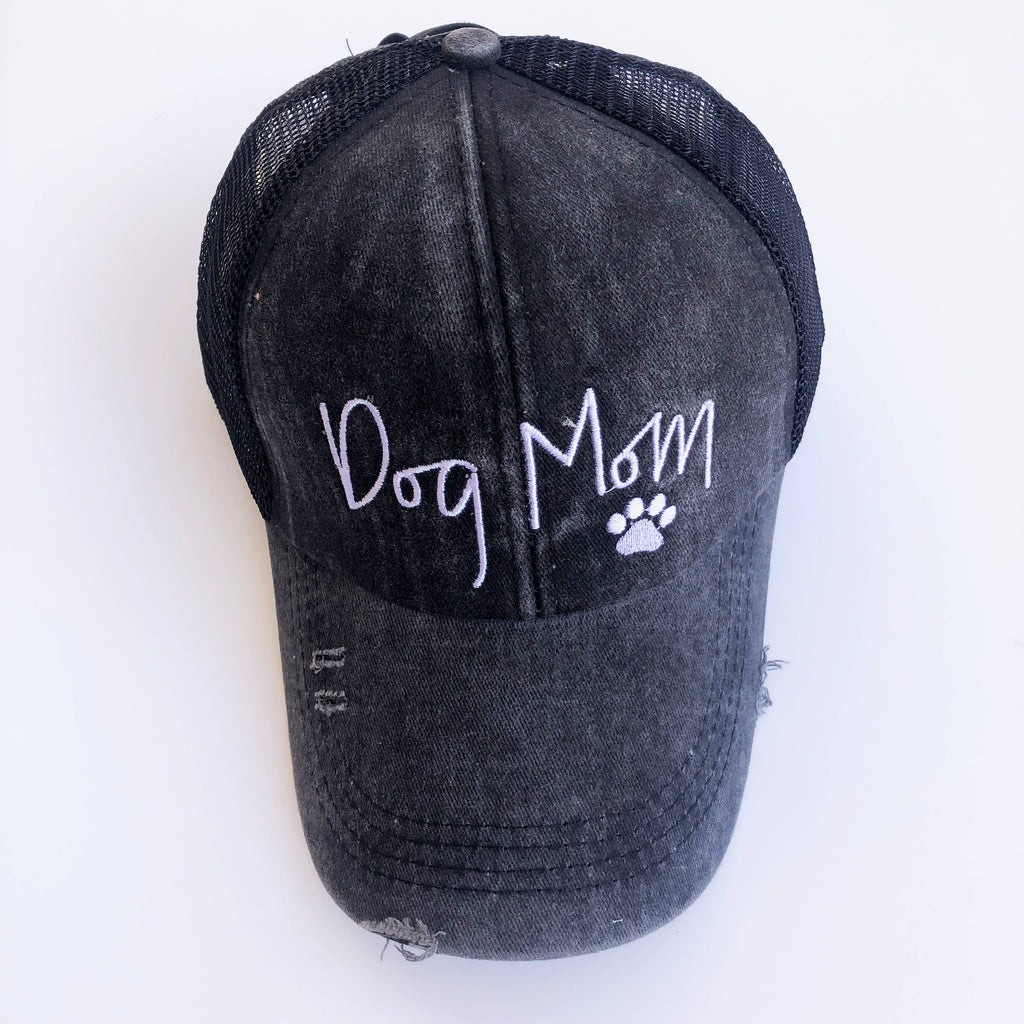 Embroidered Dog Mom Hat Cap Distressed Ponytail
