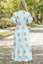 Floral Print V Neck Flutter Short Sleeve Maxi Dress