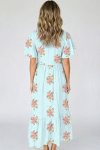 Floral Print V Neck Flutter Short Sleeve Maxi Dress