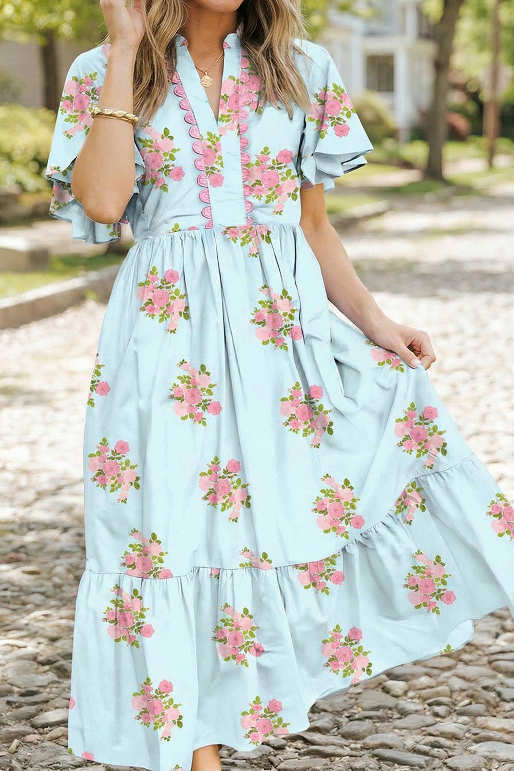 Floral Print V Neck Flutter Short Sleeve Maxi Dress