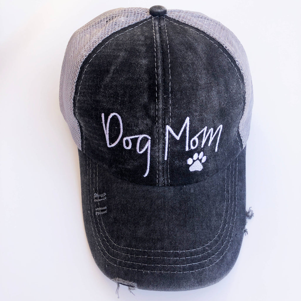 Embroidered Dog Mom Hat Cap Distressed Ponytail