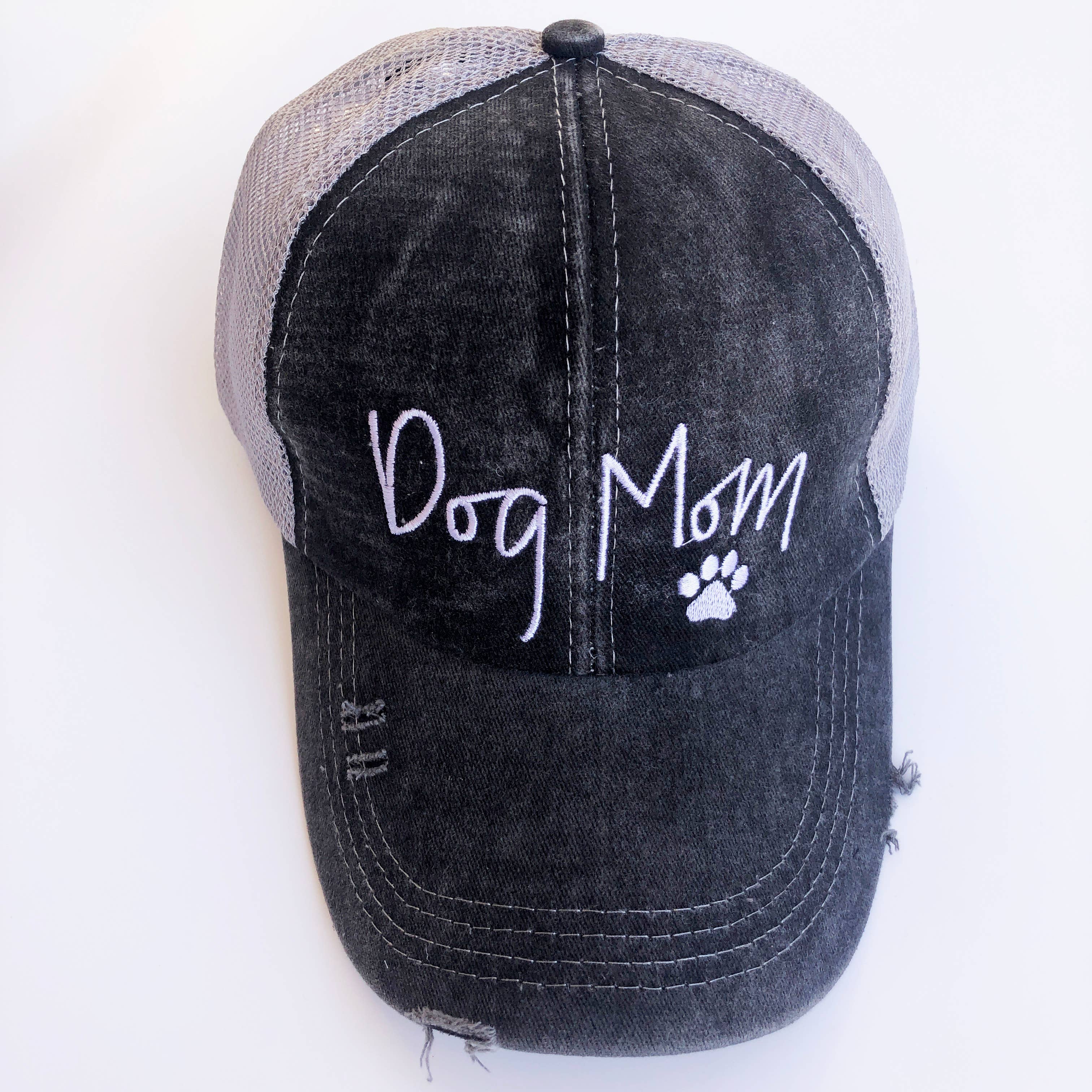 Embroidered Dog Mom Hat Cap Distressed Ponytail