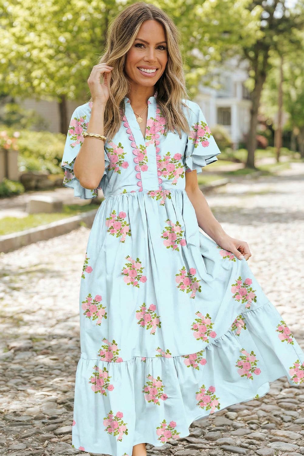 Floral Print V Neck Flutter Short Sleeve Maxi Dress