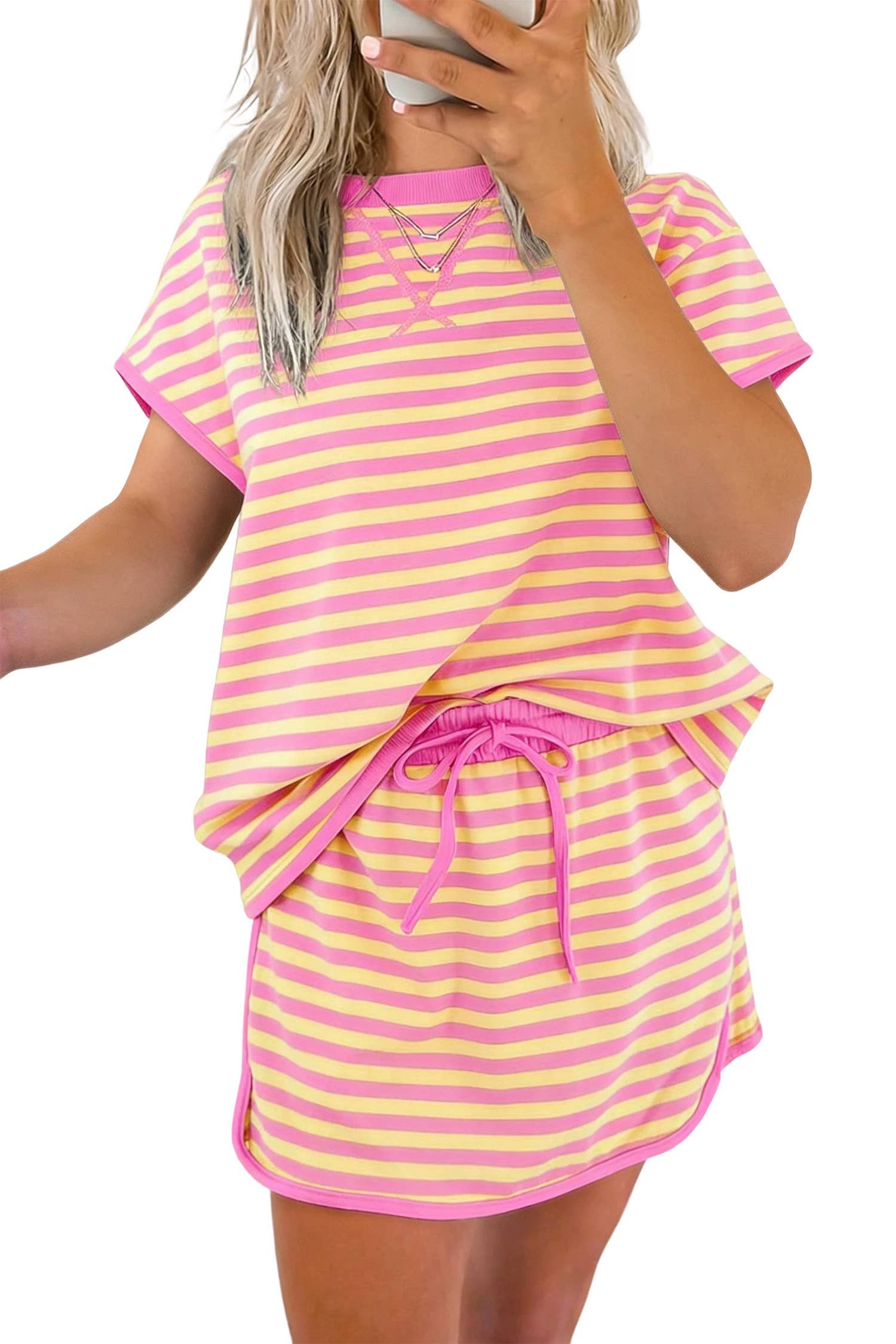 66 Stripe Short Sleeve Top and Skirt Lounge Set