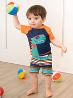 Navy Striped Dino Rash Guard & Swim Shorts