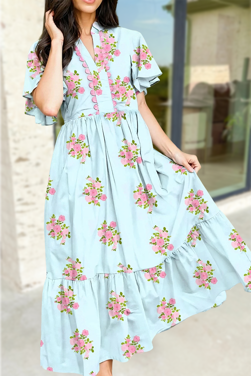 Floral Print V Neck Flutter Short Sleeve Maxi Dress